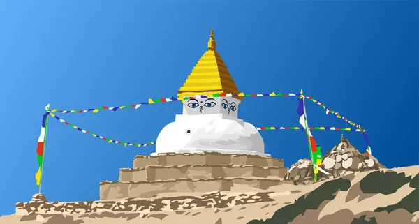 stock vector Buddhist stupa or chorten with prayer flags isolated on blue sky background, Buddhism in Nepal, made according to stupa near Dingboche village, Khumbu valley near mount Everest