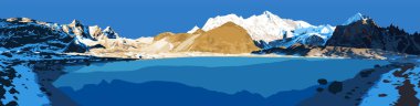 Cho Oyu dağı ve donmuş göl, Cho Oyu Dağı 'nın panoramik çizimi Güney ana kampından, Gokyo Vadisi, Khumbu Vadisi, Nepal Himalayaları Dağları' ndan