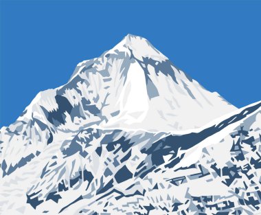 Dhaulagiri Dağı tepesi Thorung La geçidi yakınlarında görüldüğü gibi Annapurna Dağı patikası, vektör çizimi, Nepal Himalayaları dağları