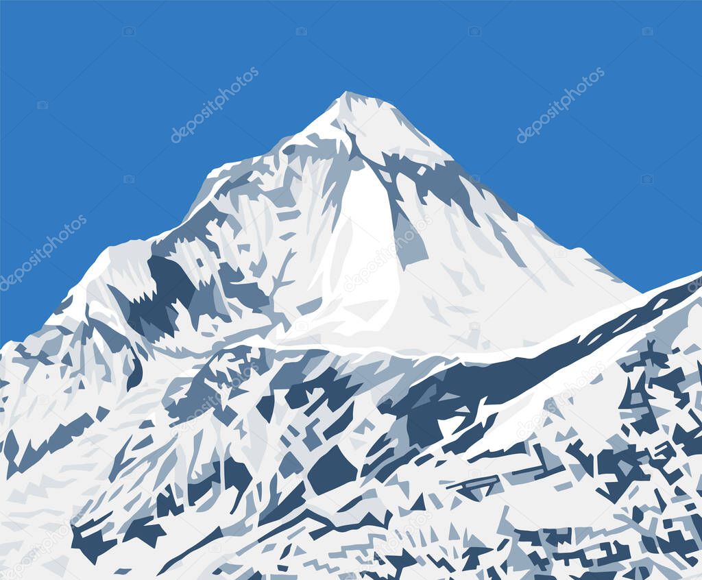 Mount Dhaulagiri peak as seen near Thorung La pass, Mount Annapurna circuit trekking trail, vector illustration, Nepal Himalayas mountains