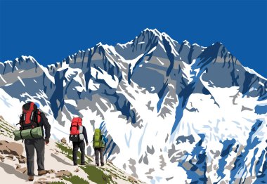 Lhotse Dağı 'nın güney kayalık yüzeyi ve üç yürüyüşçü, vektör illüstrasyonu, Khumbu vadisi, Everest bölgesi, Nepal himalayas dağları