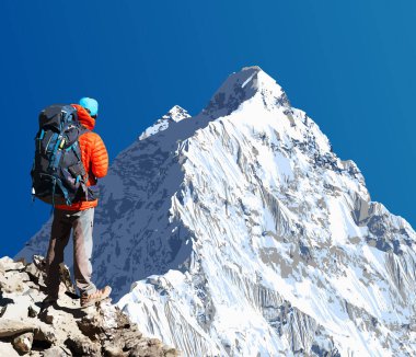 Dağcı, dağ vektörü çizimi, Nepal Himalayaları dağları ile Nuptse Dağı