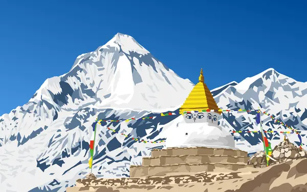 stock vector Mount Dhaulagiri peak and buddhist stupa or chorten with prayer flags, Buddhism in Nepal himalayas mountains