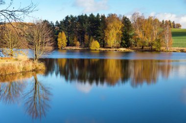 Sonbahar orman manzaralı gölet manzarası, Zdar nad Sazavou yakınlarındaki Hamry nad Sazavou, Bohemian ve Moravya dağları, Çek Cumhuriyeti