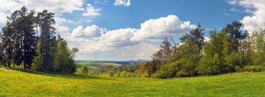 Çek-Moravya Highlands, Çek Cumhuriyeti 'nden panoramik manzara, Velke Mezirici kasabası yakınlarındaki manzara, çayır ve orman
