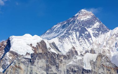 Everest Dağı 'nın beyaz ve mavi panoramik manzarası Gokyo Ri tepesinden, Sagarmatha Ulusal Parkı, Khumbu Vadisi, Nepal Himalayalar Dağları' ndan görüldüğü gibi Everest Dağı.