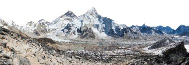 Kala Patthar 'dan Everest Dağı, Lhotse ve Nuptse dağları Himalayalar' ın beyaz panoramik manzarası, Everest ana kampı, Khumbu vadisi, Sagarmatha ulusal parkı, Nepal Himalaya dağı