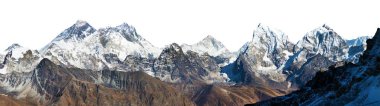 Everest Dağı, Lhotse Tepesi ve Makalu Dağı beyaz arka planda izole edilmiş Renjo La Geçidi, üç geçiş yolu, Khumbu vadisi, Nepal himalayas dağları