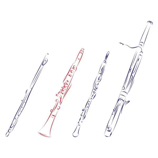 Ręcznie Rysowane Wektorowe Ilustracje Rodziny Drewnianych Instrumentów Muzycznych Flet Klarnet — Wektor stockowy