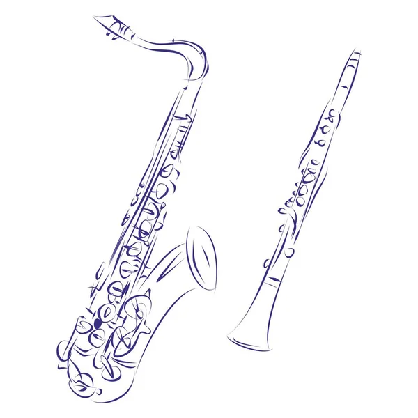 Illustration Vectorielle Des Instruments Musique Dessinée Main Saxophone Clarinette — Image vectorielle