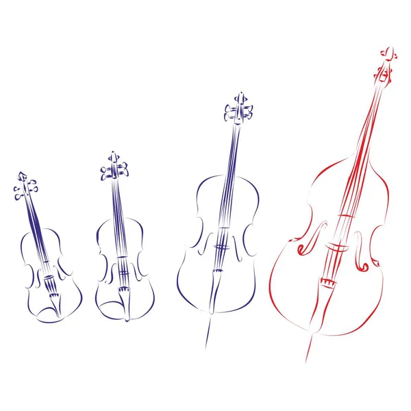 白い背景に隔離された弓弦の楽器の家族の連続線画 手描きベクトルイラスト音楽コンセプト — ストックベクタ