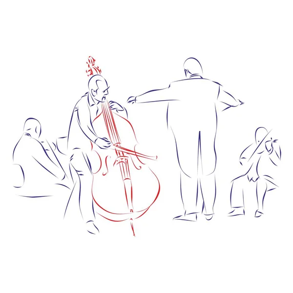 双簧管演奏家作为独奏家 靠近管弦乐队指挥和小提琴演奏者 与白人隔离的连续线条绘画 矢量插图音乐概念 — 图库矢量图片