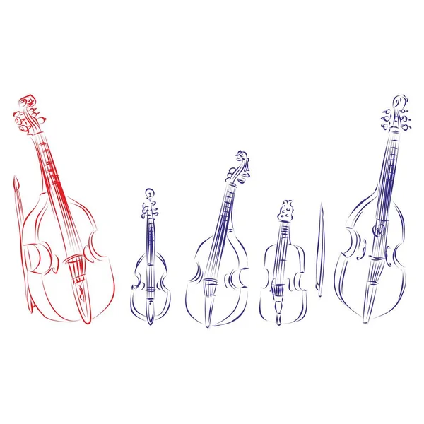 二重低音と初期の音楽の連続的な線画は白い背景に隔離された弦の楽器をお辞儀をした 手描きベクトルイラスト音楽コンセプト — ストックベクタ