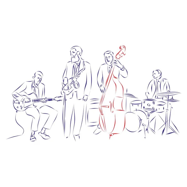 Kontinuální Kresba Jazzové Kapely Elektrickou Kytarou Saxofonem Kontrabasem Bicí Izolované — Stockový vektor