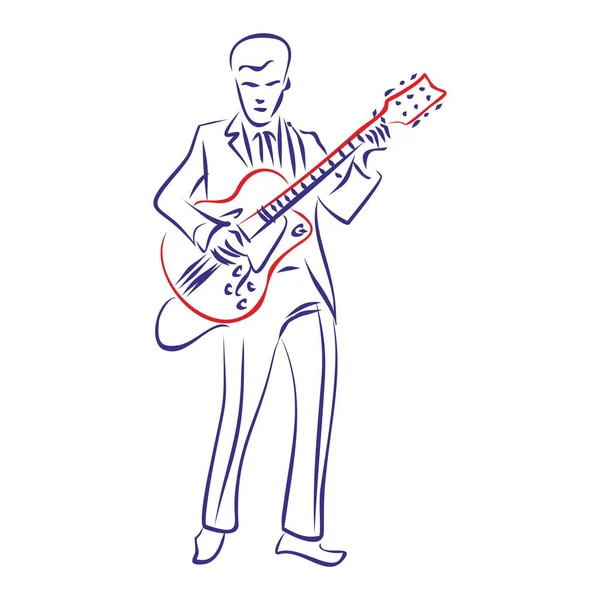一个穿着50年代风格的传统电吉他的年轻人的连续线条画 矢量插图音乐概念 — 图库矢量图片