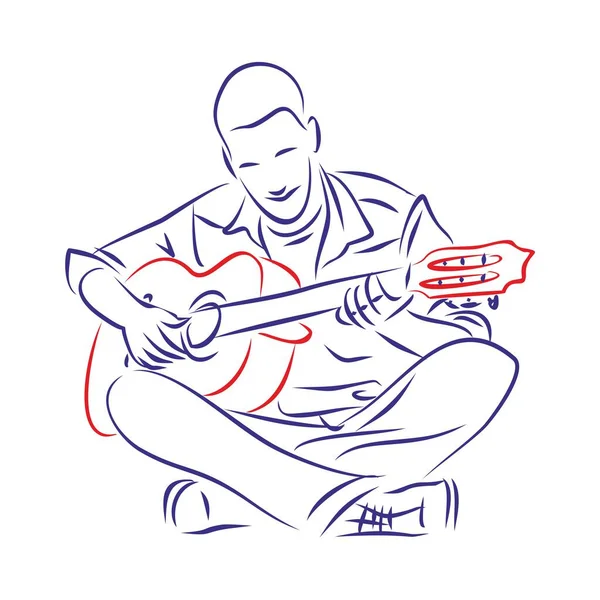 Nepřetržitá Kresba Mladého Muže Hrajícího Akustickou Kytaru Sedícího Ručně Kreslený — Stockový vektor
