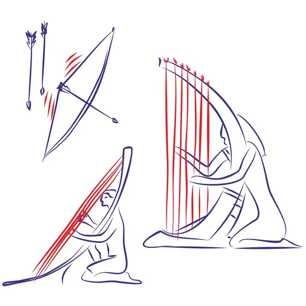 활에서 고대의 하프에 이르기까지 현악기의 역사를 묘사하는 연속적 선그리기 손으로 — 스톡 벡터