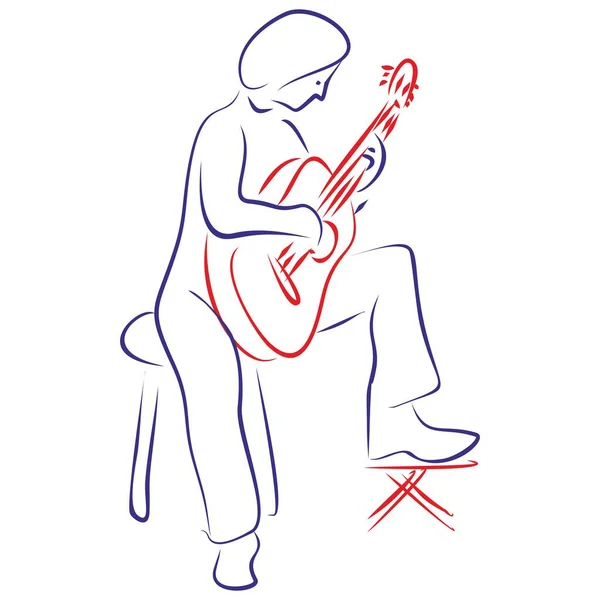 Klasik Gitar Çalan Bir Müzisyenin Durmaksızın Çizdiği Çizgi Taburedeki Sol — Stok Vektör
