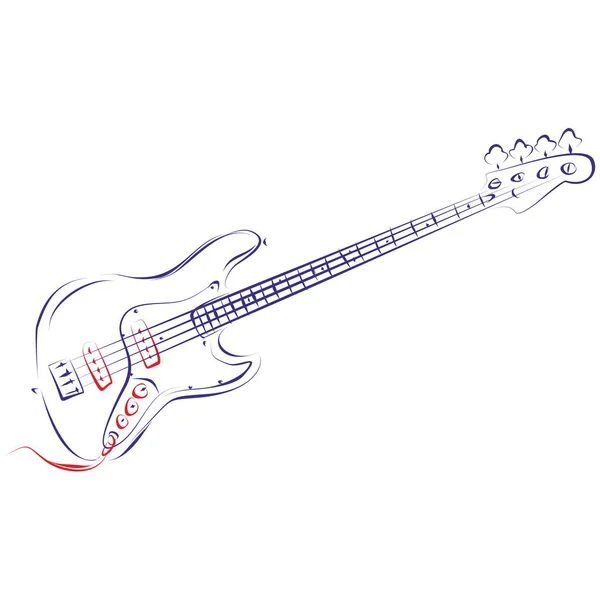 エレクトリックベースギターの連続線画 電気部品を強調表示します 手描きベクトルイラスト音楽コンセプト — ストックベクタ