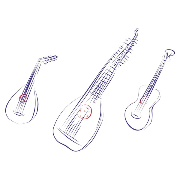 Dessin Trait Continu Instruments Musique Cordes Liés Histoire Guitare Luth — Image vectorielle