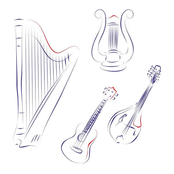 ギターの歴史に関連する弦を持つ楽器の連続線画 ハープ ライリー ウクレレとマンドリン 手描きベクトルイラスト音楽コンセプト — ストックベクタ