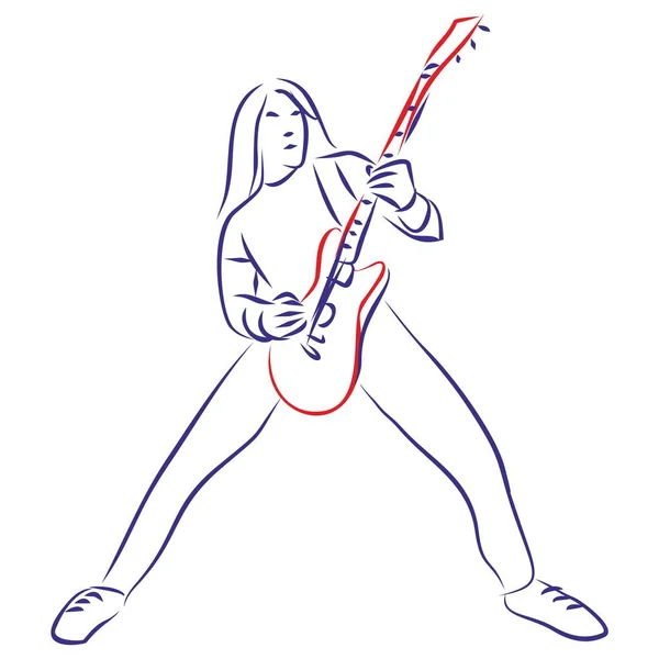一个正在弹电吉他的年轻人的连续线条画 摆出摇滚明星的姿势 矢量插图音乐概念 — 图库矢量图片