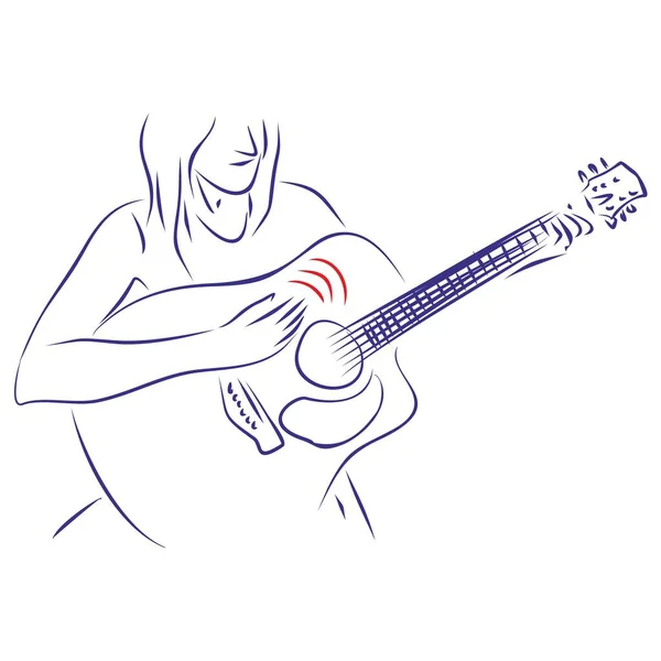 어쿠스틱 기타를 연주하는 소녀의 연속적 선그리기 현을치는 손으로 일러스트 — 스톡 벡터