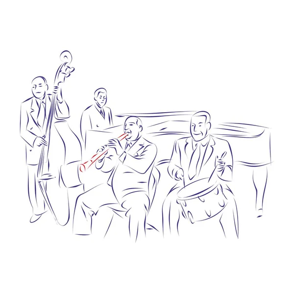 Непрерывное Рисование Линии Джазового Оркестра Фортепиано Контрабасом Кларнетом Барабанами Ручной Лицензионные Стоковые Векторы