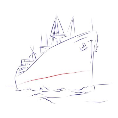Dalgalar üzerinde yüzen büyük bir teknenin kesintisiz çizgileri. El çizimi, vektör illüstrasyonu