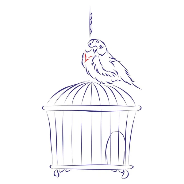 鳥籠の上に座っている小さな鳥の連続線画 手描きベクトルイラスト — ストックベクタ
