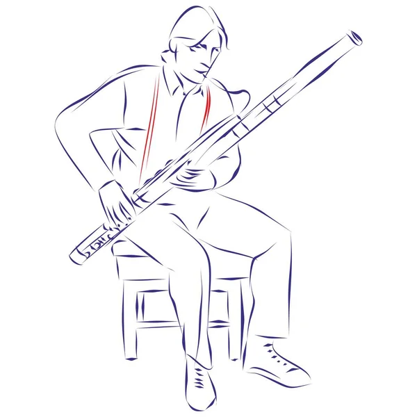 ファゴットを演奏する楽器奏者の連続線画で 白を基調としています 手描きベクトルイラスト — ストックベクタ