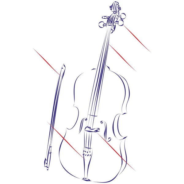 Durchgehende Linienzeichnung Eines Modernen Cellos Und Bogens Mit Indikatoren Für — Stockvektor