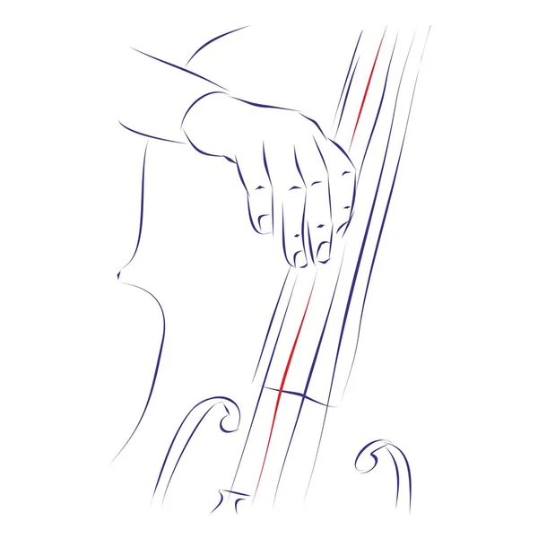 Disegno Linee Continue Una Mano Strumentista Che Suona Violoncello Pizzicando — Vettoriale Stock