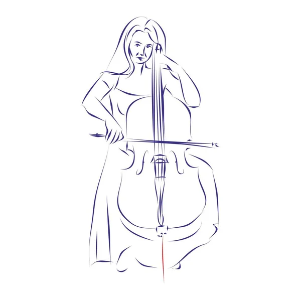 一个年轻女子弹奏大提琴的连续线条画 与白人隔离 矢量图解 — 图库矢量图片