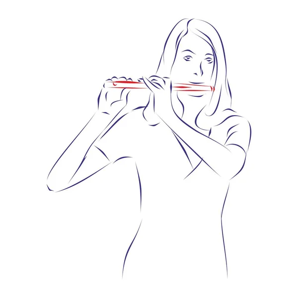 一个年轻女子的连续线条画 长发弹奏琵琶长笛 与白色隔离 矢量图解 图库插图