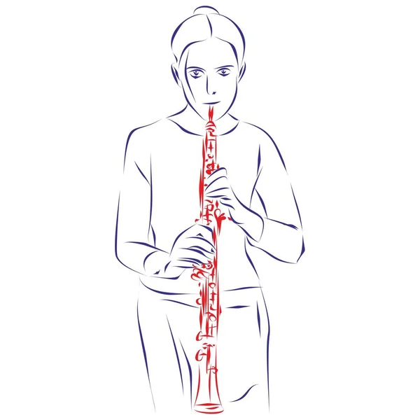 白に隔離されたオーボエを演奏する若い女性の連続線画 手描きベクトルイラスト — ストックベクタ