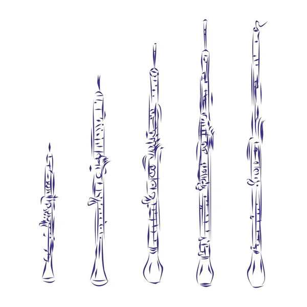 Disegno Linee Continue Della Famiglia Strumenti Oboe Isolati Bianco Illustrazione — Vettoriale Stock