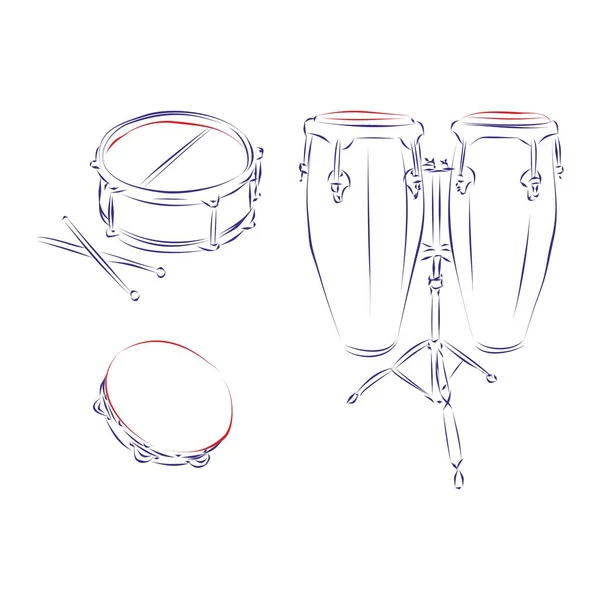 Dessin Continu Groupe Instruments Percussion Tambour Tambourin Ensemble Conga Isolé — Image vectorielle