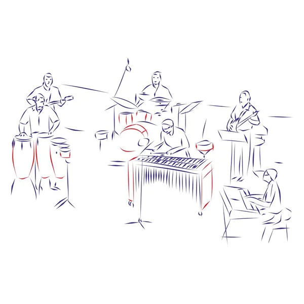 白に隔離されたジャズバンドの連続線画 手描きベクトルイラスト音楽コンセプト — ストックベクタ