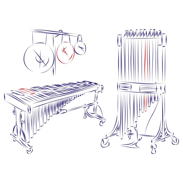 打楽器グループの連続線画 シンバル 管状の鐘 白に隔離された 手描きベクトルイラスト — ストックベクタ