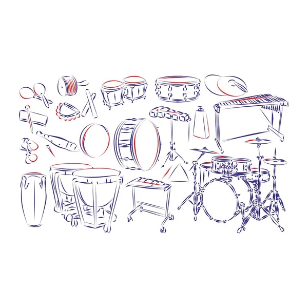 Desenho Linha Contínua Grupo Instrumentos Percussão Agitadores Bongos Conga Tambores —  Vetores de Stock