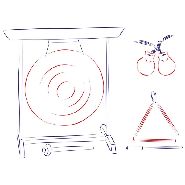 Kontinuální Kresba Skupiny Bicích Nástrojů Tam Tam Gong Trojúhelník Kastaněty — Stockový vektor
