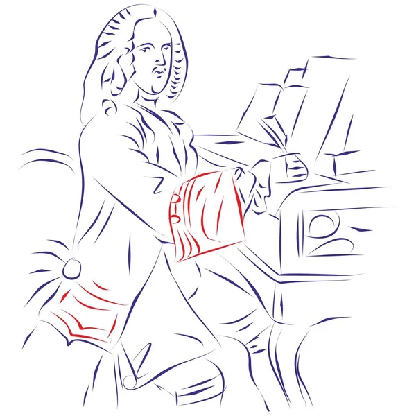 白に隔離されたピアノの発明者バルトロメオ クリストフォリの連続線画 手描きベクトルイラスト — ストックベクタ