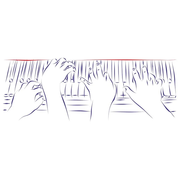 Piyano Çalan Dört Elin Durmaksızın Çizdiği Çizgi Beyaza Izole Edilmiş — Stok Vektör