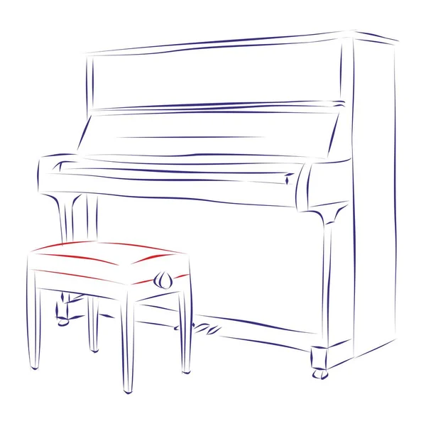 Kontinuerlig Ritning Ett Övre Piano Med Pianostol Isolerad Vitt Handritad — Stock vektor
