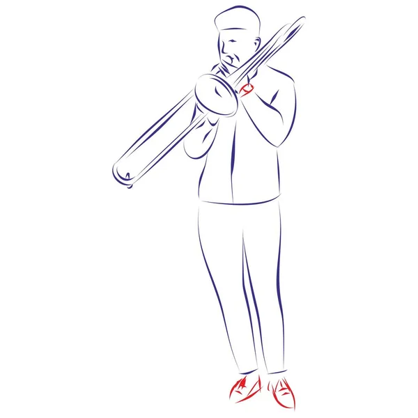 白い上に隔離されたトロンボーンを演奏する若い男の連続線画 手描きベクトルイラスト — ストックベクタ