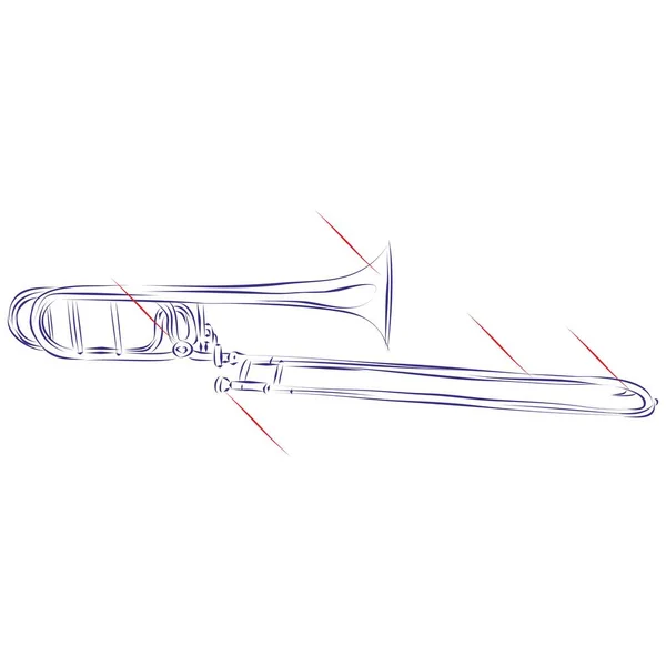 Непрерывная Линия Рисунка Тромбона Индикаторами Составных Частей Изолированных Белом Ручной — стоковый вектор