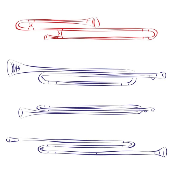Непрерывная Линия Рисования Различных Типов Тромбонов Показывающая Эволюцию Этого Инструмента — стоковый вектор