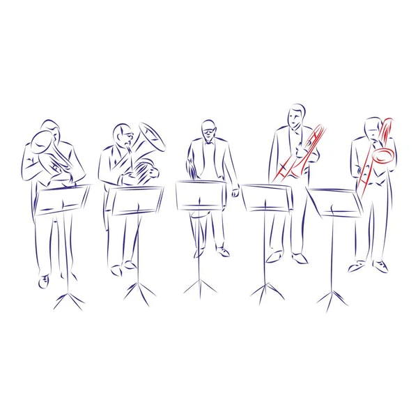 Непрерывный Рисунок Линии Музыкантов Играющих Тромбонах Рогах Медном Оркестре Изолированном — стоковый вектор