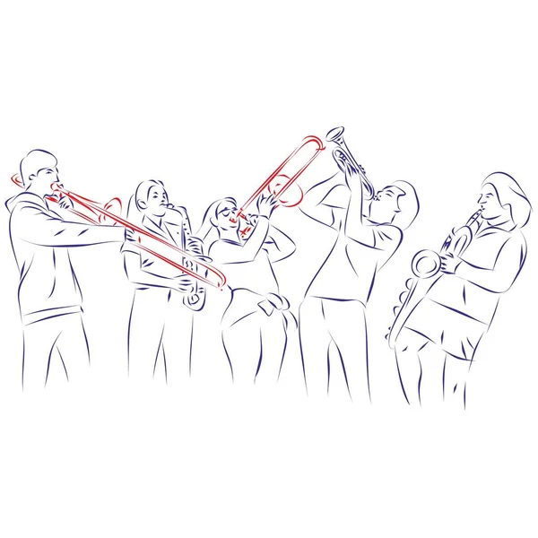 Bandoda Trombon Trompet Saksafon Çalan Genç Kadın Erkeklerin Durmaksızın Çizdiği — Stok Vektör